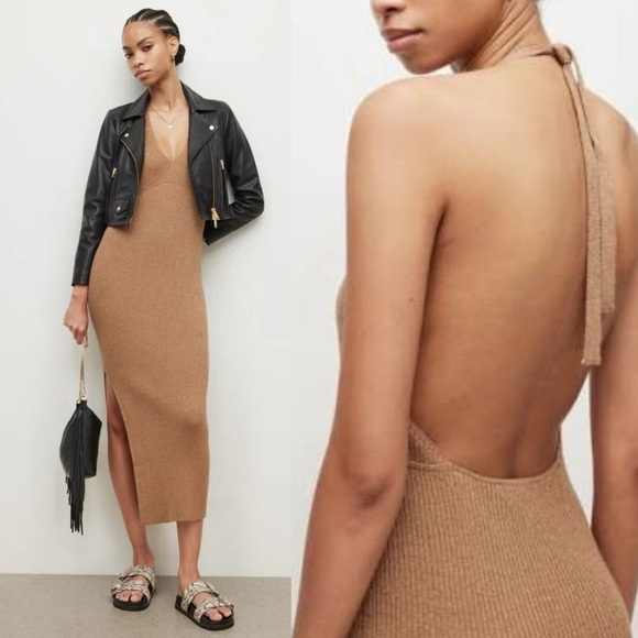 All Saints Lexi Ribbed Halter Midi Dress Praline Metallic Gold - Picture 5 of 15